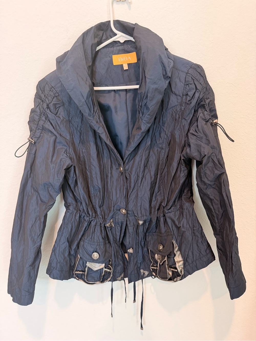Biba Navy Crinkle Utility Jacket with Drawstring Waist
